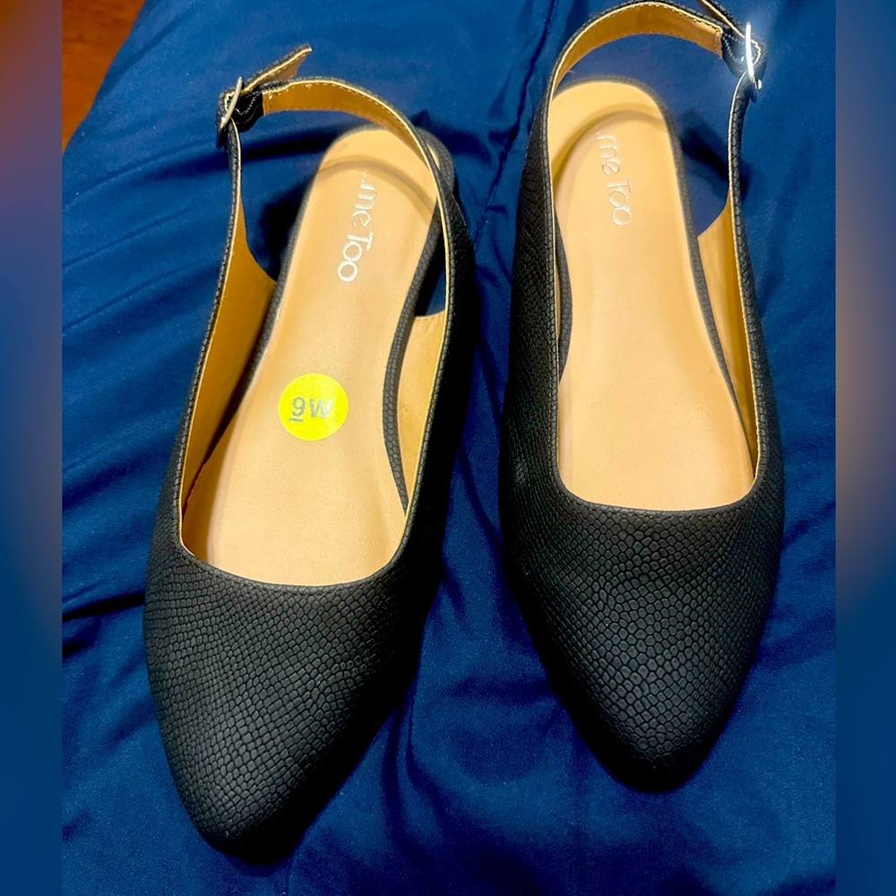 New Black Pointed Toe Faux Leather Slingback Flats 9 Wide Width